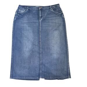 Cato Denim Midi Skirt 18W Blue Stretch Jean Skirt Back Slit Embroidered Pockets